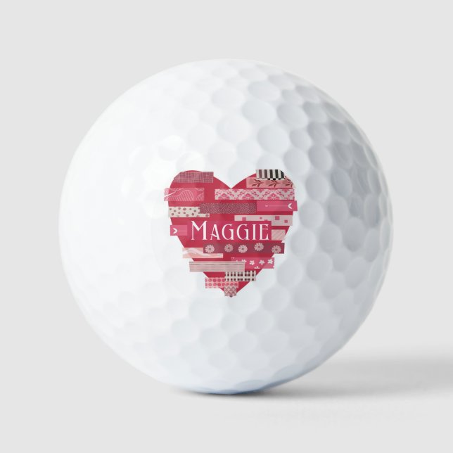 Patchwork Hearts in Pink and Red Golf Balls (Front)