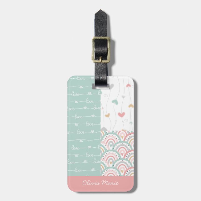 Patchwork Hearts Rainbow Pastel Kids Luggage Tag (Front Vertical)