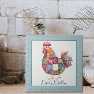 Patchwork Hen and Blue Polka Dots Ceramic Tile
