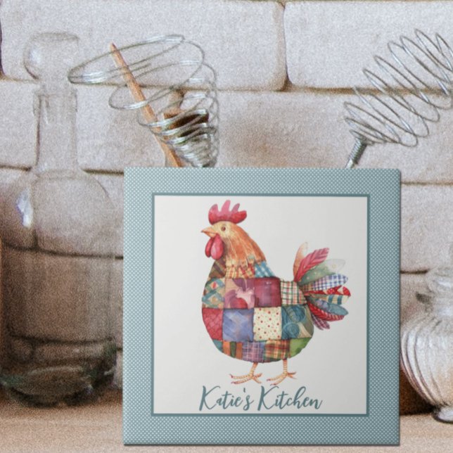 Patchwork Hen and Blue Polka Dots Ceramic Tile (Creator Uploaded)
