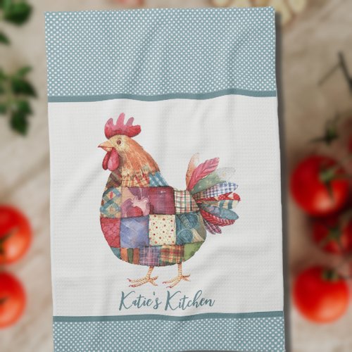 Patchwork Hen and Blue Polka Dots Kitchen Towel
