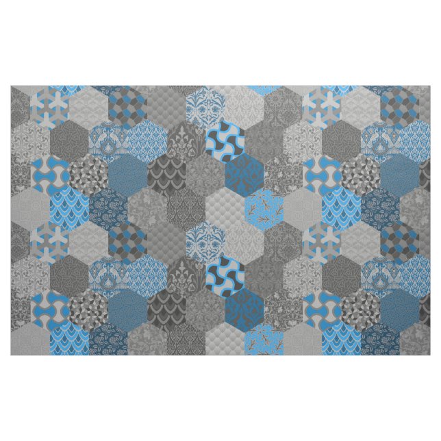 Patchwork Hexagons Blue and Grey Fabric (Fat Quarter)