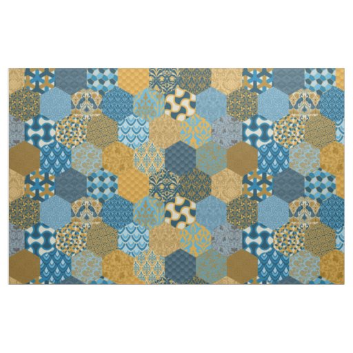 Patchwork Hexagons Mustard and Navy Fabric