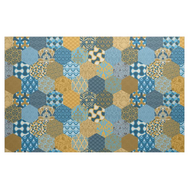 Patchwork Hexagons Mustard and Navy Fabric (Fat Quarter)