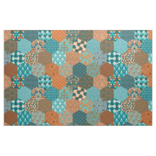 Patchwork Hexagons Peacock and Copper Fabric