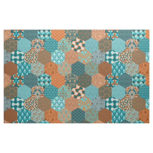 Patchwork Hexagons Peacock and Copper Fabric (Fat Quarter)