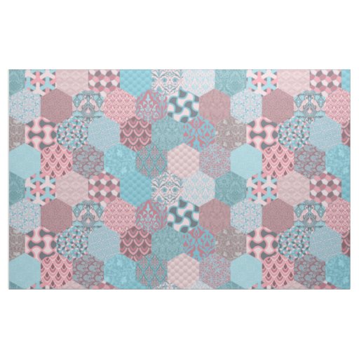 Patchwork Hexagons Pink and Turquoise Fabric
