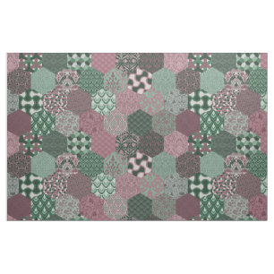 Patchwork Hexagons Raspberry and Pine Fabric