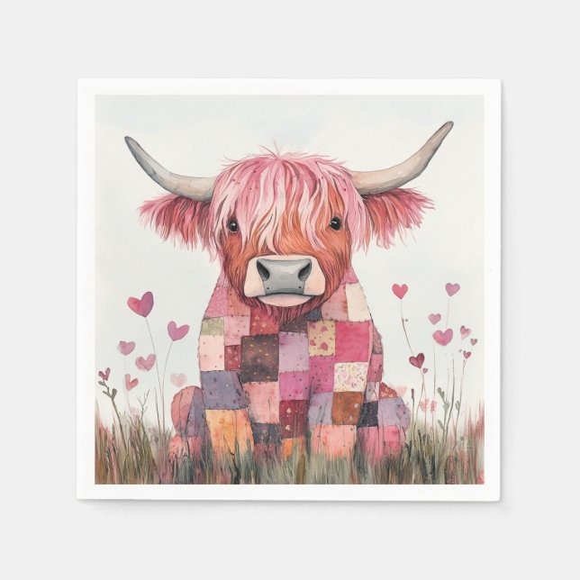 Patchwork Highland Cow Valentine Napkins (Front)