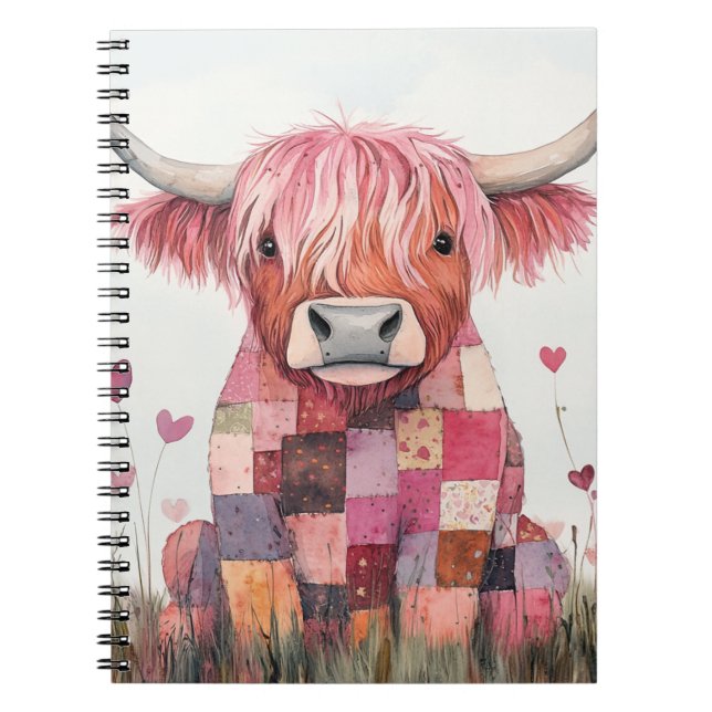 Patchwork Highland Cow Valentine Notebook (Front)