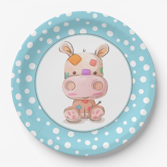 Patchwork Hippo Child's Blue Birthday Paper Plates (Front)