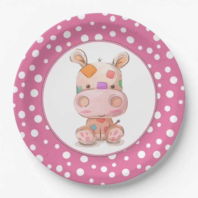 Patchwork Hippo Child's Pink Birthday Paper Plates (Front)