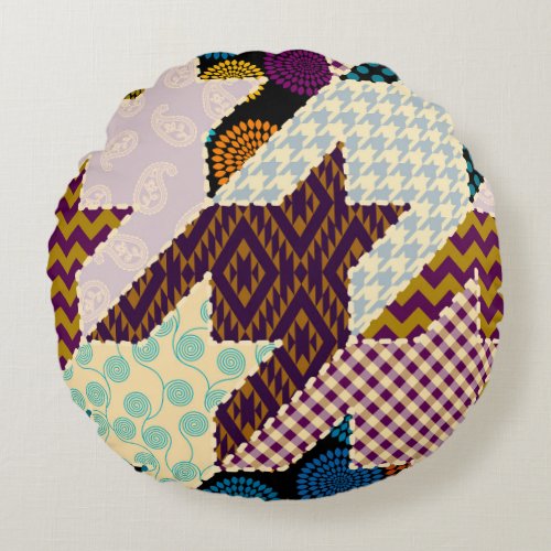 Patchwork Hounds_tooth Vintage Seamless Backgroun Round Pillow