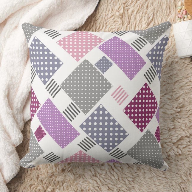 Patchwork in polka dots and stripes pink and plum  throw pillow (Blanket)