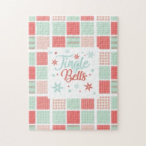 Patchwork Jingle Bells Red Green Pastel Christmas Jigsaw Puzzle