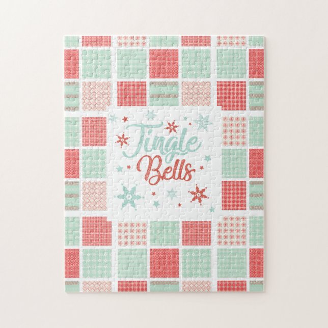 Patchwork Jingle Bells Red Green Pastel Christmas Jigsaw Puzzle (Vertical)