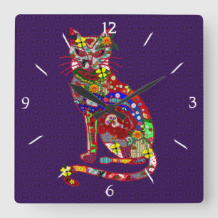Patchwork Kitty Square Wall Clock
