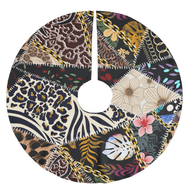 Patchwork Leopard: Ethnic Lining Design. Brushed Polyester Tree Skirt (Front)