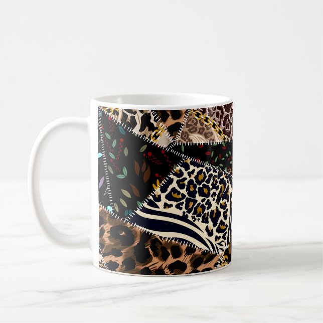 Patchwork Leopard: Ethnic Lining Design. Coffee Mug (Left)