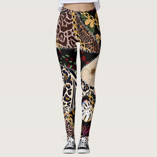 Patchwork Leopard: Ethnic Lining Design. Leggings (Front)