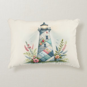 Patchwork Lighthouse Coastal Floral Scene Accent Pillow