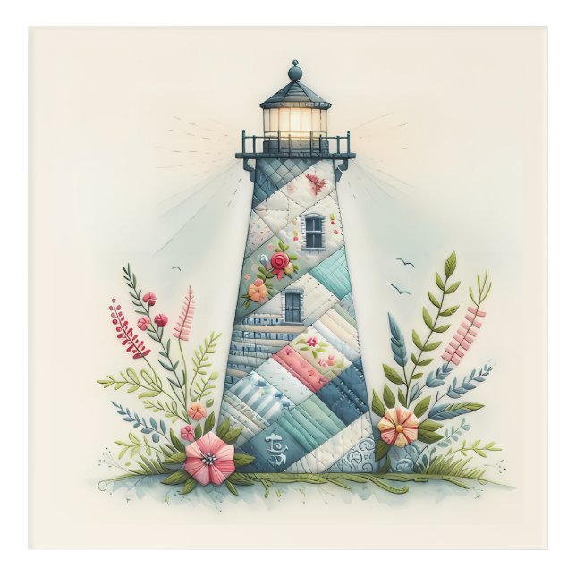 Patchwork Lighthouse Coastal Floral Scene Acrylic Print (Front)