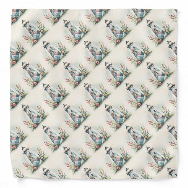 Patchwork Lighthouse Coastal Floral Scene Bandana (Front)