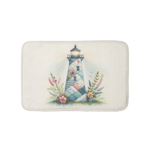 Patchwork Lighthouse Coastal Floral Scene Bath Mat