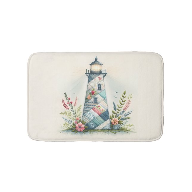 Patchwork Lighthouse Coastal Floral Scene Bath Mat (Front)