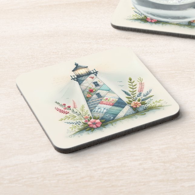 Patchwork Lighthouse Coastal Floral Scene Beverage Coaster (Left Side)