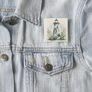 Patchwork Lighthouse Coastal Floral Scene Button