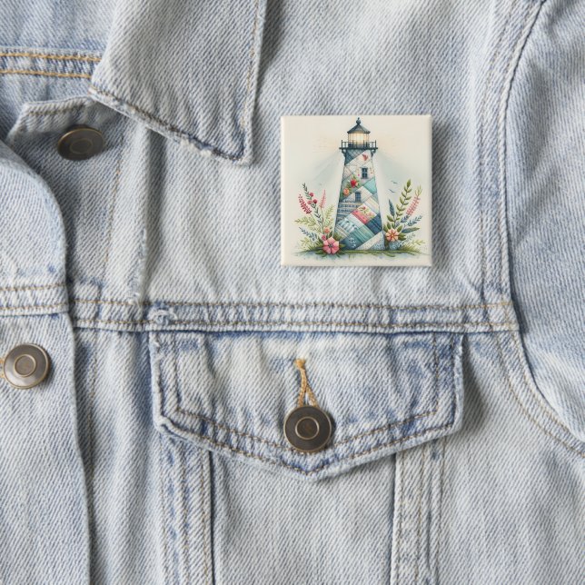 Patchwork Lighthouse Coastal Floral Scene Button (In Situ)