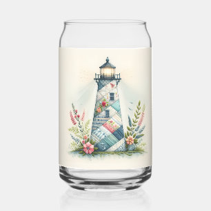 Patchwork Lighthouse Coastal Floral Scene Can Glass