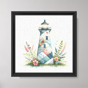 Patchwork Lighthouse Coastal Floral Scene Canvas Print