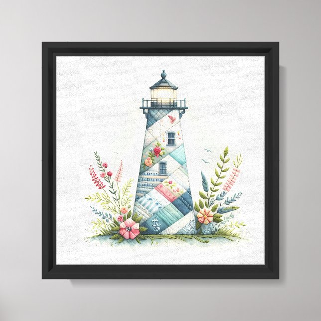 Patchwork Lighthouse Coastal Floral Scene Canvas Print (Front)