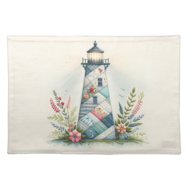 Patchwork Lighthouse Coastal Floral Scene Cloth Placemat (Front)