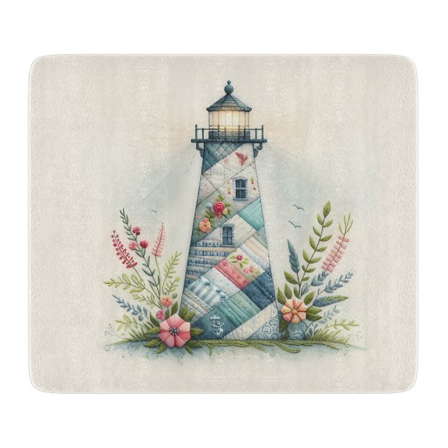 Patchwork Lighthouse Coastal Floral Scene Cutting Board (Front)