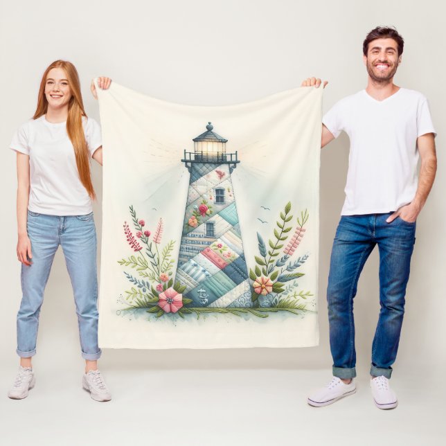 Patchwork Lighthouse Coastal Floral Scene Fleece Blanket (In Situ)