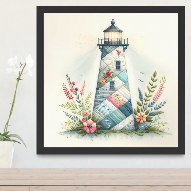 Patchwork Lighthouse Coastal Floral Scene Framed Art (Entryway)