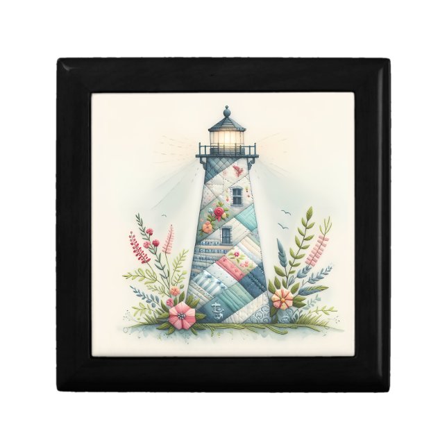 Patchwork Lighthouse Coastal Floral Scene Gift Box (Front)