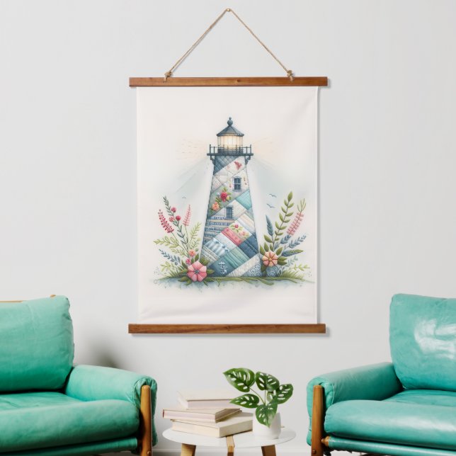 Patchwork Lighthouse Coastal Floral Scene Hanging Tapestry (Living Room)