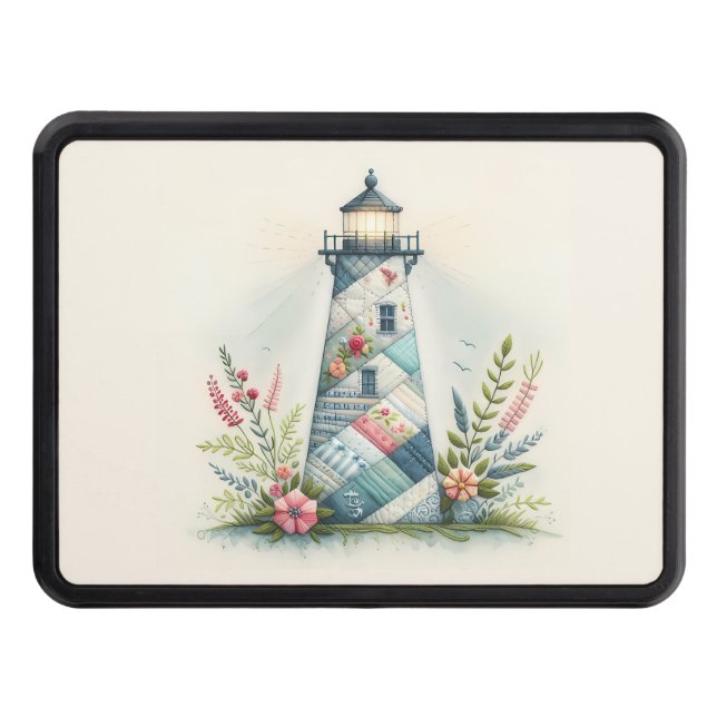 Patchwork Lighthouse Coastal Floral Scene Hitch Cover (Front)
