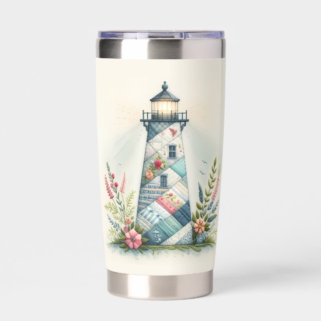 Patchwork Lighthouse Coastal Floral Scene Insulated Tumbler (Front)