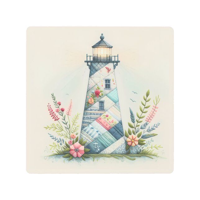 Patchwork Lighthouse Coastal Floral Scene Metal Print (Front)