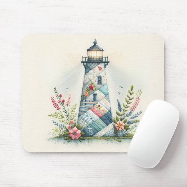 Patchwork Lighthouse Coastal Floral Scene Mouse Pad (With Mouse)
