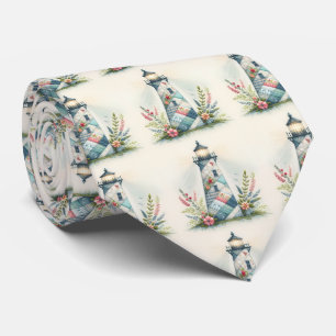 Patchwork Lighthouse Coastal Floral Scene Neck Tie