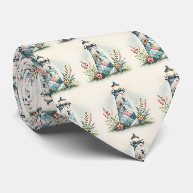 Patchwork Lighthouse Coastal Floral Scene Neck Tie (Rolled)
