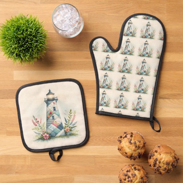 Patchwork Lighthouse Coastal Floral Scene Oven Mitt & Pot Holder Set (Top Down)