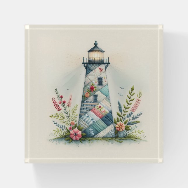 Patchwork Lighthouse Coastal Floral Scene Paperweight (Front)