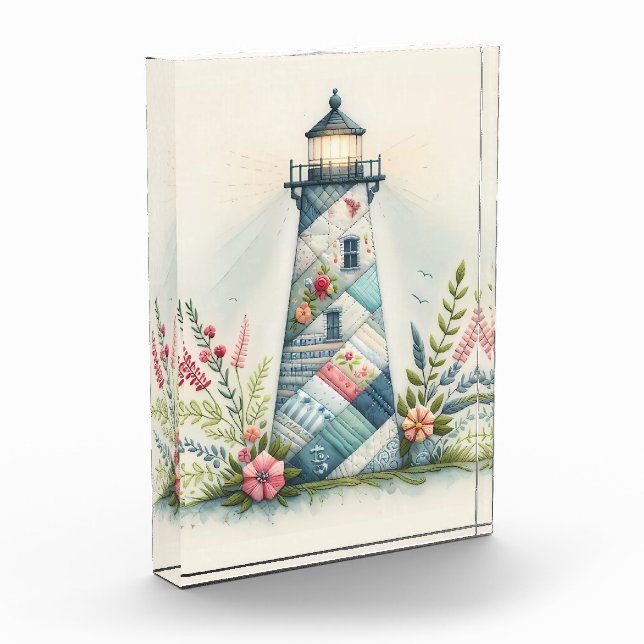 Patchwork Lighthouse Coastal Floral Scene Photo Block (Left)